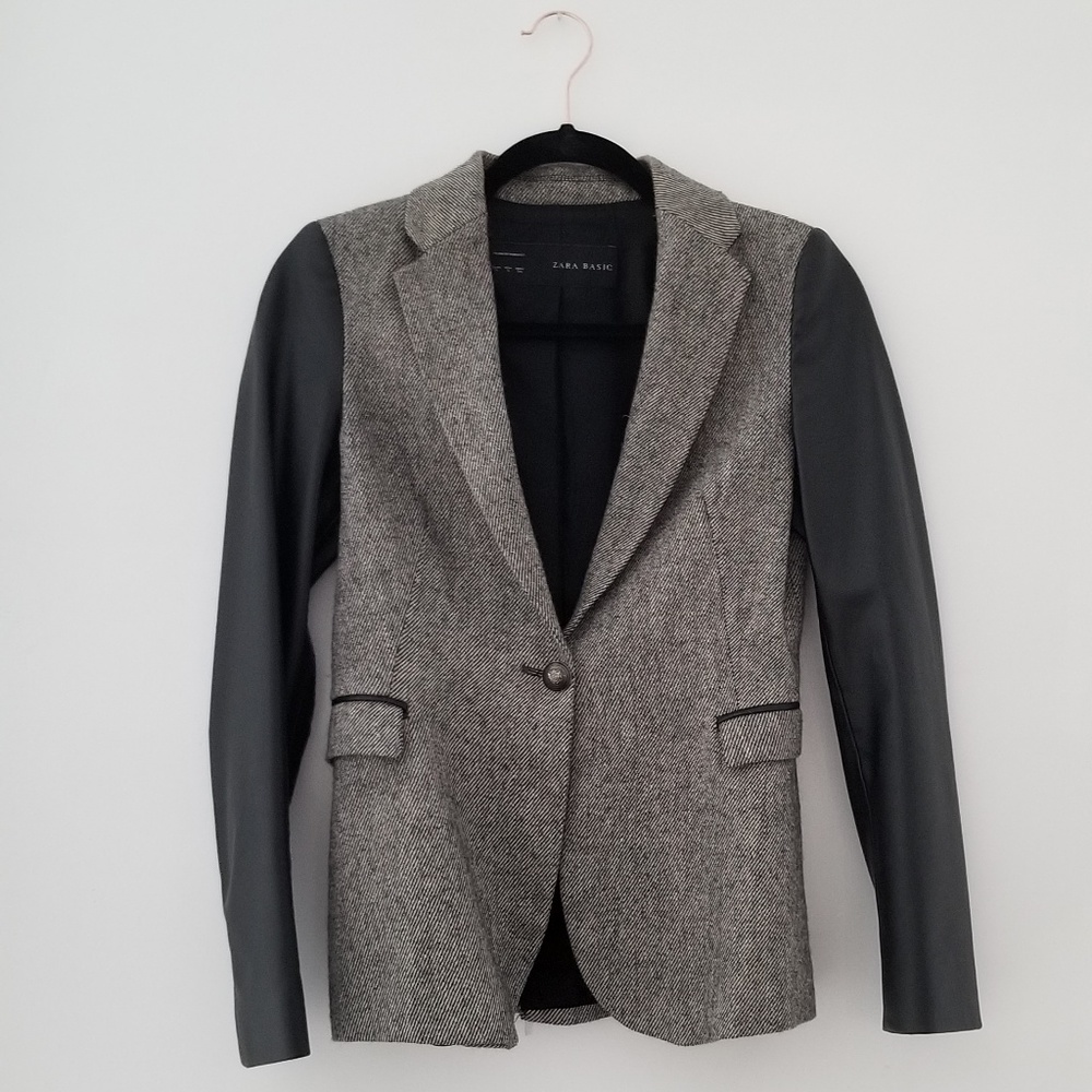 Tweed Leather Sleeves Blazer Jacket